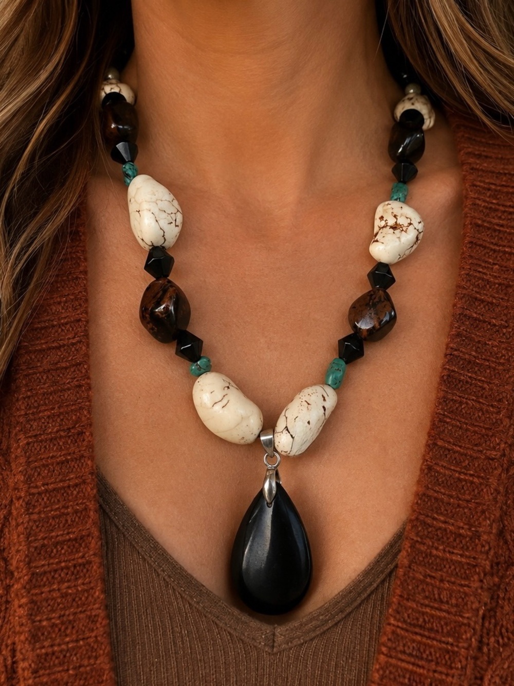 Vintage BOHO Gemstone Howlite Necklace Toggle Clasp Fall Brown